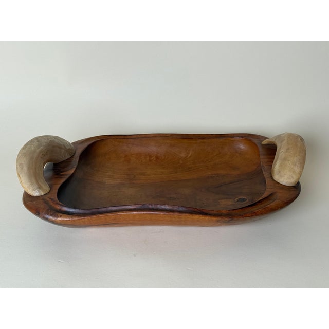 Spanish Olive Wood Centerpiece Bowl with Cow Horn Handles, 1960s For Sale - Image 10 of 15