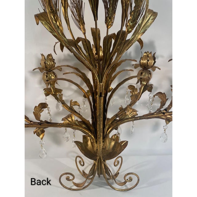 Large Mid 20th Century Italian Gilt Tole Candelabra Style Sconce With Crystals For Sale - Image 11 of 17