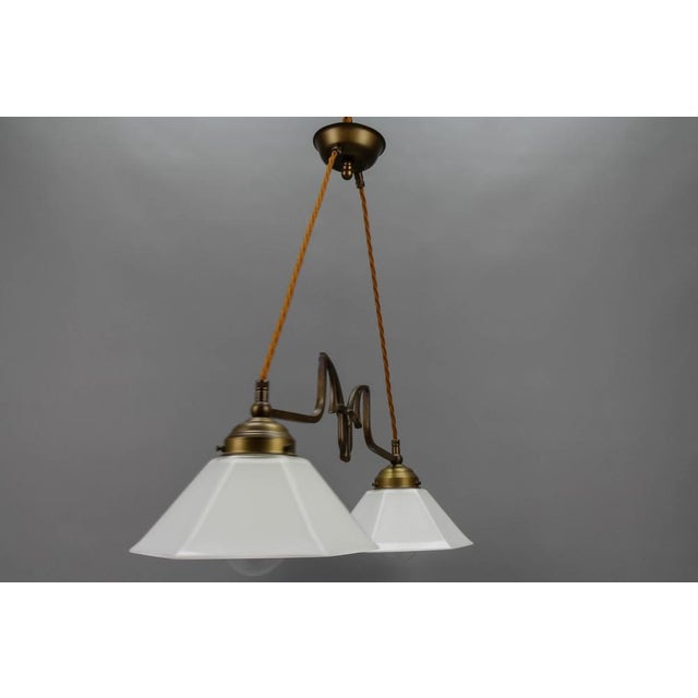Metal Art Nouveau Brass and White Glass Two-Light Pendant Chandelier, 1950s For Sale - Image 7 of 18