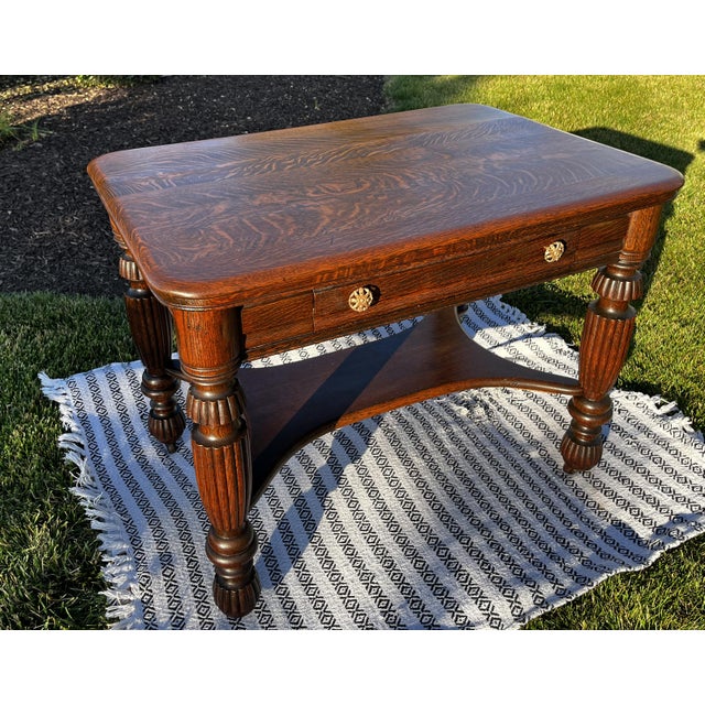 Wood Antique Tiger Oak Library Table / Desk – Bailey, Jones & Co., Jamestown, n.y. For Sale - Image 7 of 8