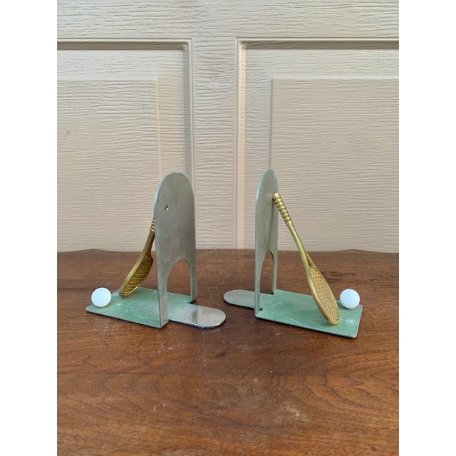 Mid-Century Modern Vintage Cast Brass Double Tennis Racket Bookends, Pair For Sale - Image 3 of 9