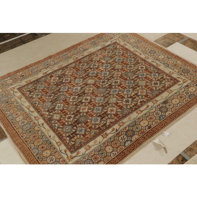 Art Deco Rug & Kilim’s European Style Deco Rug in Brown, Gold and Blue Geometric Pattern For Sale - Image 3 of 7