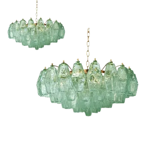21st Century Poliedro Murano Glass Green Chandelier With Gold Metal Frame - a Pair