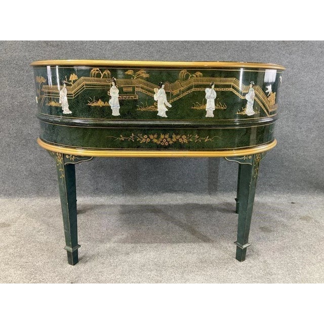 1960s Vintage Asian Lacquered Chinoiserie U Desk With Soapstone Inlay Multiple Drawers For Sale - Image 4 of 16