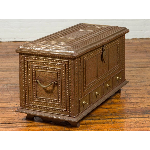 Wood Antique Indian Blanket Chest with Bronze Sheathing, Geometric Patterns and Studs For Sale - Image 7 of 13