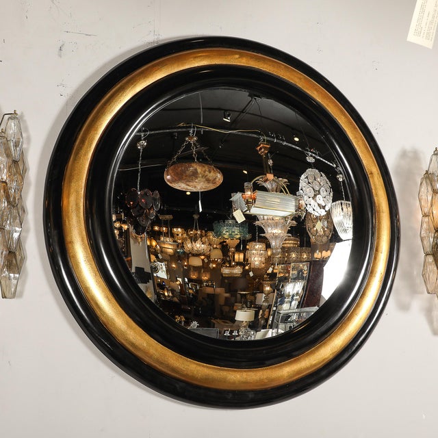 1980s Mid-Century Modernist Gilt & Black Lacquered Convex Mirror by Karl Springer For Sale - Image 5 of 8