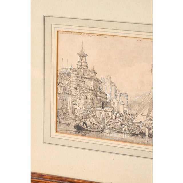 19th Century Original 19th Century Gauche + Watercolor Harbor Scene in Chunky Oak Frame For Sale - Image 5 of 8