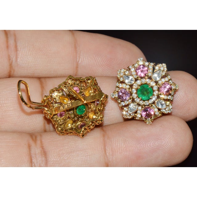 Late 20th Century Natural 4.89cts Diamond, Emerald & Pink Tourmaline 18k Gold Floral Earrings, Pair For Sale - Image 9 of 12
