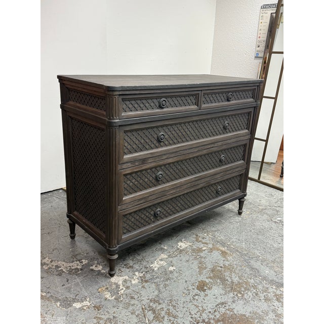 French Restoration Hardware Louis XVI Treillage Five Drawer Dresser For Sale - Image 3 of 12