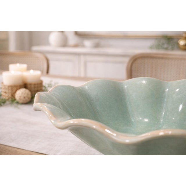 Vintage Mid-Century Celadon Scalloped Pedestal Compote Bowl — Console Centerpiece For Sale - Image 10 of 12