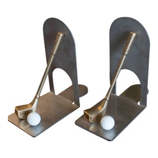 1980s Chrome & Brass Golf Club Book Ends For Sale