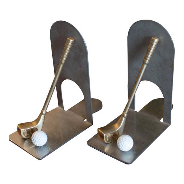 1980s Chrome & Brass Golf Club Book Ends For Sale