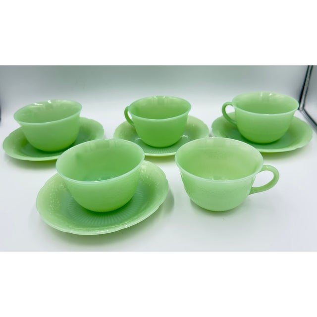 Art Deco 1940s Anchor Hocking Fire King Alice Jadeite Coffee Tea Cup & Saucer 9pc Lot For Sale - Image 3 of 14