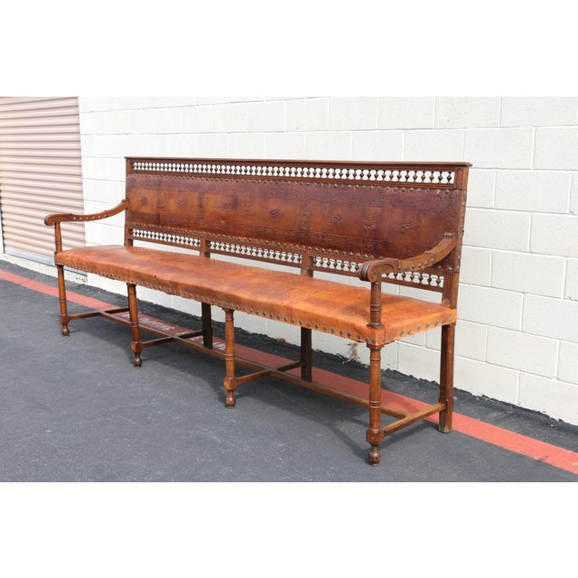 Spanish Early 20th Century Spanish Colonial Style Carved Wood and Tooled Leather Long Bench For Sale - Image 3 of 18