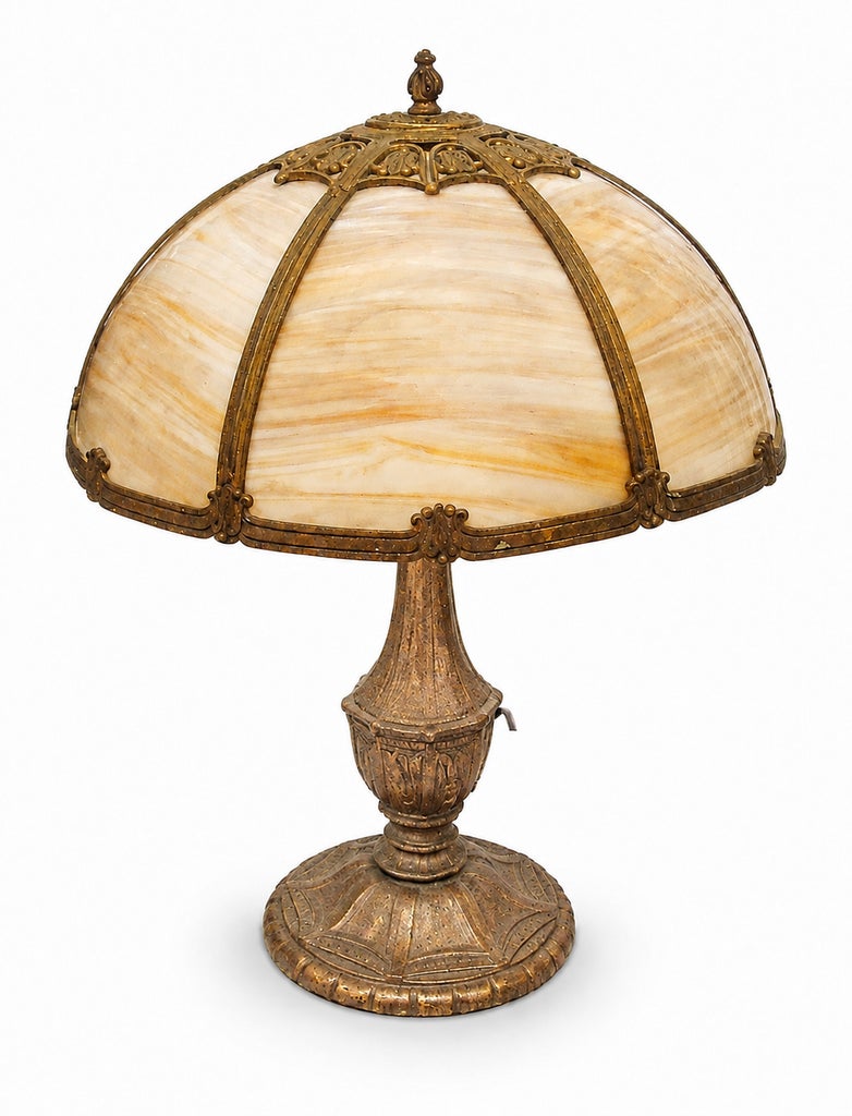 Vintage Amber Slag Glass Table Lamp With Ornate Metal Base — view 5