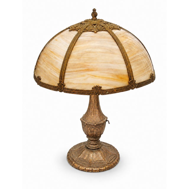 1940s Vintage Amber Slag Glass Table Lamp With Ornate Metal Base For Sale - Image 5 of 7