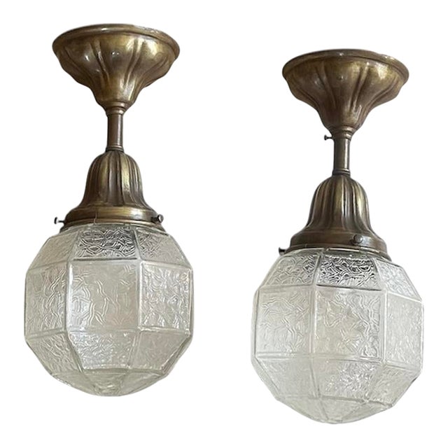 1920s American Sheffield Holder Flush Pendants With Geometric Original Glass Shades - Pair For Sale