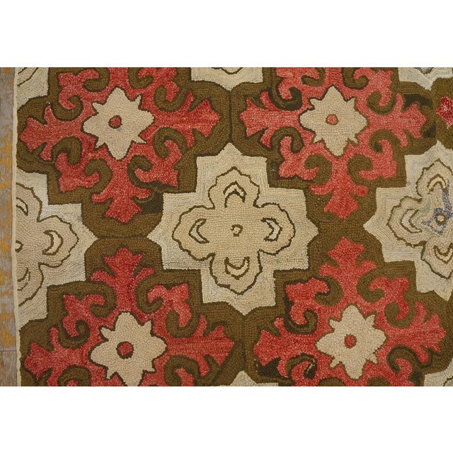 Textile 1900s Beige Geometric Folk Art Antique American Hooked Rug 5' 7'' X5' 7'' Woven Carpet For Sale - Image 7 of 11
