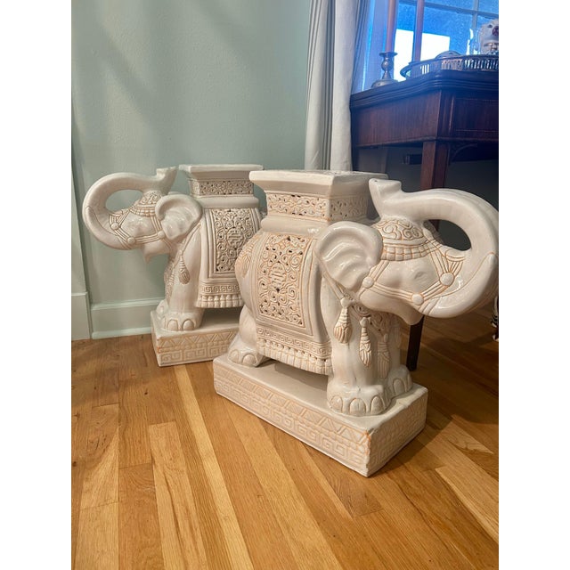 1950s 1960’s White Chinoiserie Elephant Garden Stools Large 21.5' - A Pair For Sale - Image 5 of 12