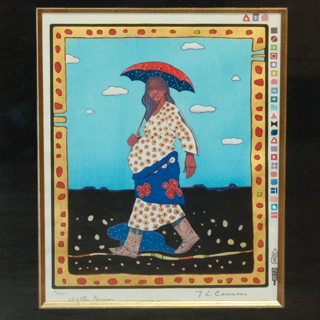 This woodcut in colors is a famous 1975 artwork titled "Grandmother Gestating Father and the Washita River Runs Ribbon-...