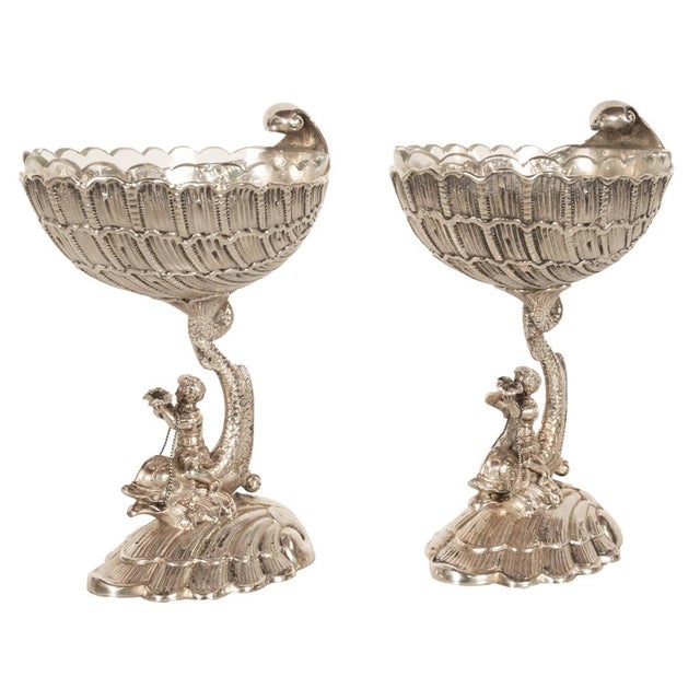 Rococo Antique Pair German Silver Master Salts Grotto Shells Putti Dolphins Hannau 1890 For Sale - Image 3 of 17