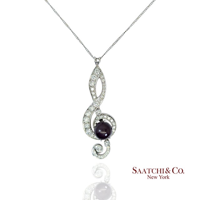 Mid 20th Century Black Pearl, 14k(585) White Gold Pendant, Natural Diamond, Musical G Clef Symbol For Sale - Image 9 of 9