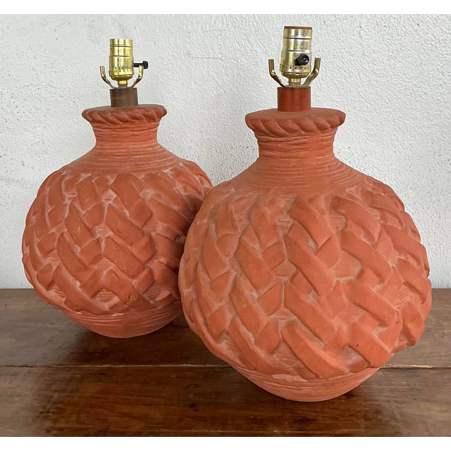 Mid-Century Modern Vintage Terracotta Faux Weave Lamps - A Pair For Sale - Image 3 of 12