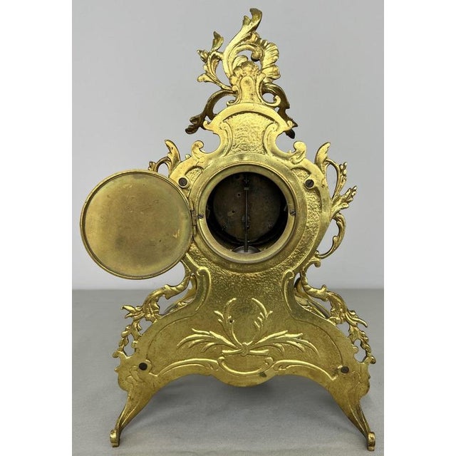 French Ornate Brass Mantel Clock with Key For Sale - Image 14 of 16