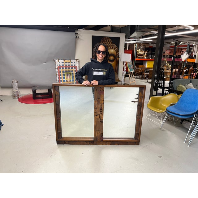 1970s large Mid-Century Modern Brutalist mirror by Lane. Intricately laid, highly textured pattern adorns the centre...