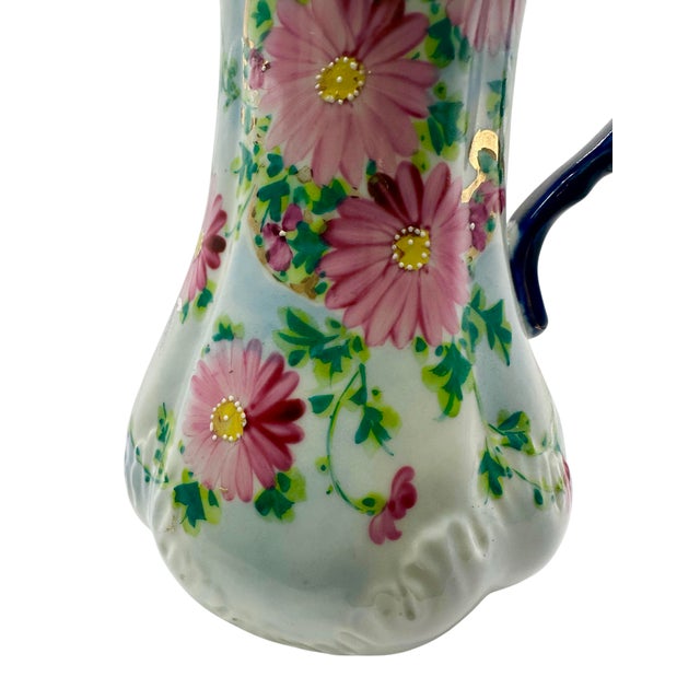 Victorian Vintage Nippon Style Cobalt Blue and Pink Chocolate Pot For Sale - Image 3 of 12