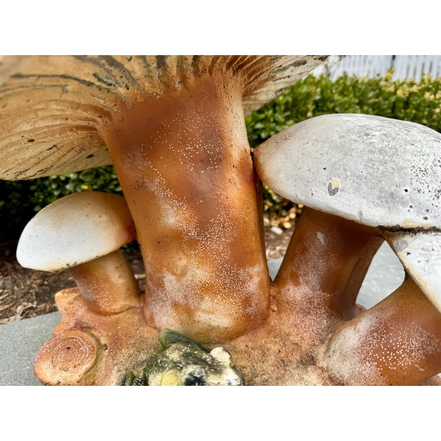 Cast Stone Mushroom Toadstool Garden Sculpture With Frog For Sale - Image 10 of 12