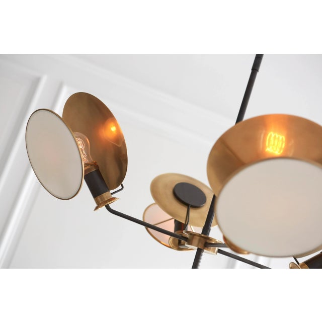 Visual Comfort Thomas O'Brien for Visual Comfort Signature Osiris Large Reflector Chandelier in Bronze & Hand-Rubbed Antique Brass with Linen Diffuser For Sale - Image 4 of 6