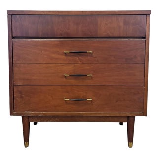 Vintage Mid-Century Modern Walnut 3-Drawer Lowboy Dresser With Brass-Capped Legs and Stylish Black-Gold Handles For Sale