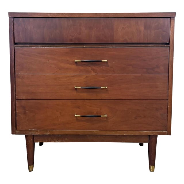 Vintage Mid-Century Modern Walnut 3-Drawer Lowboy Dresser With Brass-Capped Legs and Stylish Black-Gold Handles For Sale