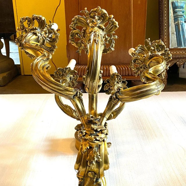 Pair 19th Century French Rococo Revival Gilt Bronze Five-Light Wall Sconces For Sale - Image 9 of 11