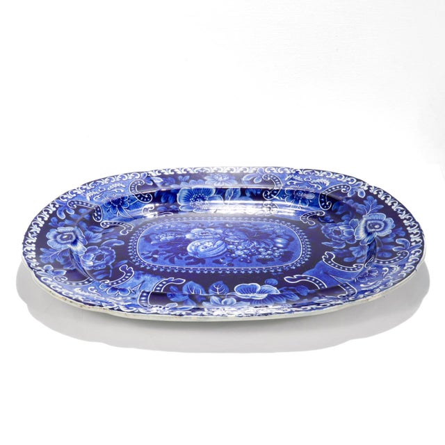 Large Antique Stubbs 'Fruit & Flowers' Blue Transferware Platter or Serving Tray For Sale In Philadelphia - Image 6 of 18