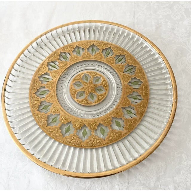 Vintage Culver Valencia Gold Filigree with Green Accents Three Piece Set: One Serving Tray 15 inches in diameter, One Bowl...