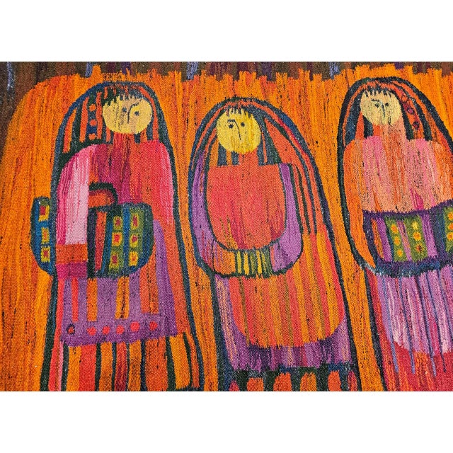 Red Vintage Mid-Century Tapestry, Handwoven Wool, Folkloric Schoolgirls Design, Crimson & Yellow, 38” X 70” For Sale - Image 8 of 11
