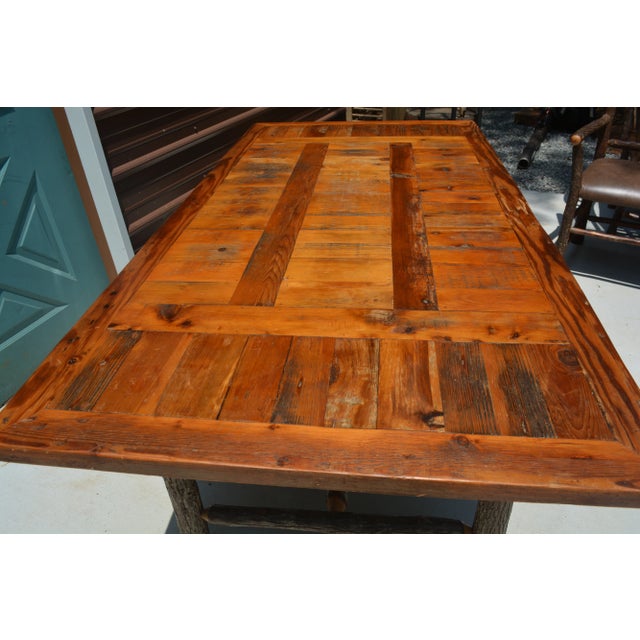 Farmhouse Vintage Americana West Log Wood Dining Table & 6 Brown Leatherette Chairs Furniture Set Rustic / Cabin - Set of 7 For Sale - Image 3 of 12