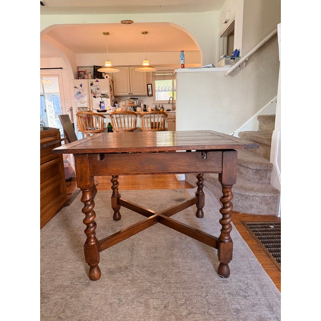 Vintage Jacobean Revival Solid Wood Dining Table With Barley Twist Legs For Sale - Image 9 of 9