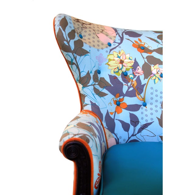 Hollywood Regency 1960s Vintage Baby Blue Floral Wingback Accent Chair For Sale - Image 3 of 10