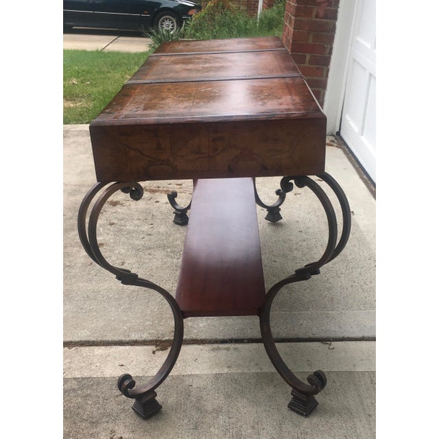 English Vintage World Map Suitcase Table with Leather Straps & Buckles For Sale - Image 3 of 9