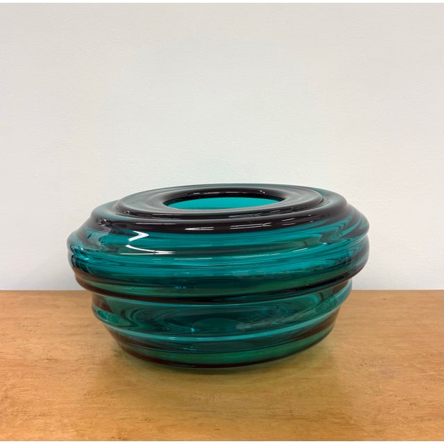 Glass Vintage Large Scale Teal Art Glass Bowl For Sale - Image 7 of 7