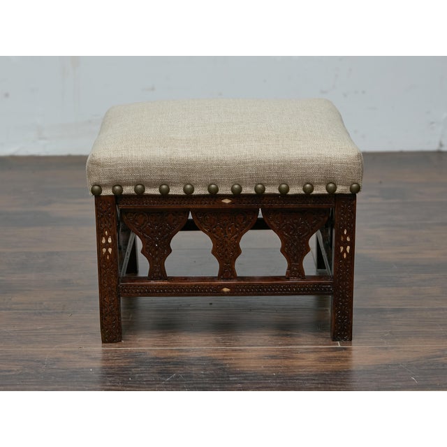 Chocolate Antique Moroccan Hand-Carved Stool with Custom Linen Upholstery, Circa 1900 For Sale - Image 8 of 12