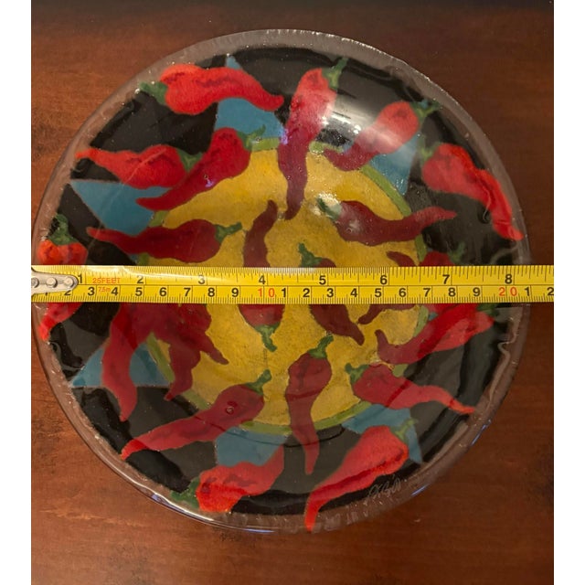 Glass Peggy Karr Two-Tier Fused Glass Serving Bowl Set With Metal Stand – Chili Pepper Art Glass Serveware For Sale - Image 7 of 10