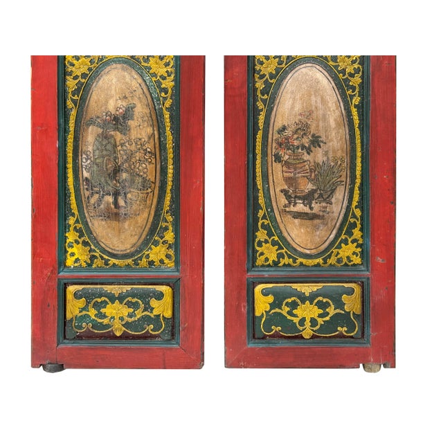 Pair Vintage Red Green Yellow Fujian Relief Carving Door Panels For Sale - Image 11 of 11