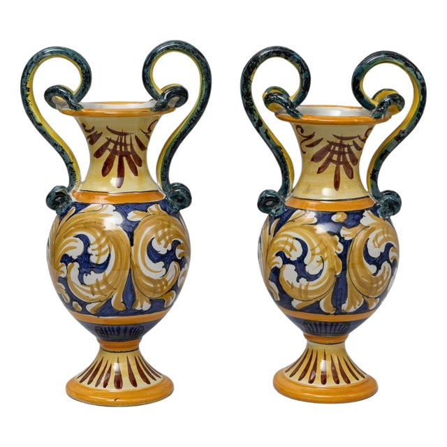Pair Of 20th Century Italian Painted Ceramic Vases For Sale