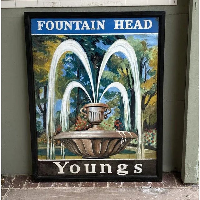 An authentic English pub sign (one-sided) featuring a painting of a Classical urn or fountainhead spouting cascades of...