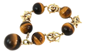 Tiger's Eye Large Bead Fancy Triple Ring 14k Yellow Gold Link Bracelet