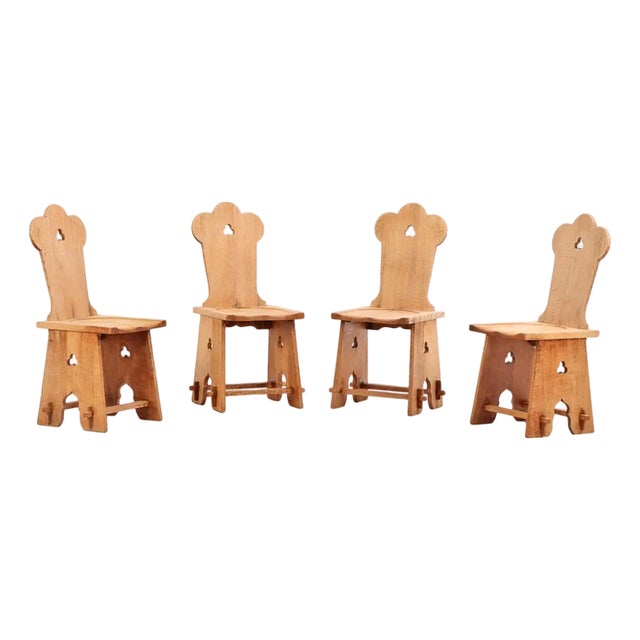 Set of 4 French Brutalist Carved Oak Chairs, Circa 1940 For Sale